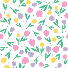 Cute Doodle Pink Purple Yellow Tulip Flower Element with Leaves Floral Ditsy Leaf Polkadot Dot Confetti. Abstract Organic Shape Hand Drawn Hand Drawing Cartoon. Color Seamless Pattern White Background