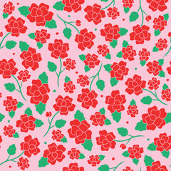 Cute Doodle Red Rose Flower Element with Leaves Floral Ditsy Leaf Polkadot Dot Confetti. Abstract Organic Shape Hand Drawn Hand Drawing Cartoon. Color Seamless Pattern Pink Background.