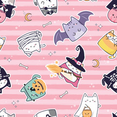Halloween Seamless pattern with kawaii cute cat on the stripe pink Background. Cartoon Animals Character, Vector Illustration. Design for baby clothing, cards, paper goods, fabric, textile and more