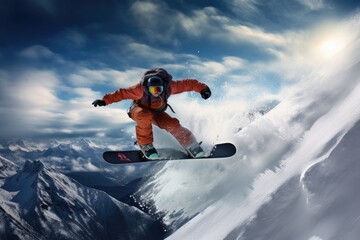 Naklejka na ściany i meble snowboarder puts on snowboard on the mountain