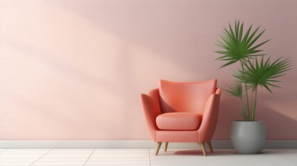 Fragment of modern minimalist living room in pastel orange, pink and gray tones. Trendy armchair, decorative houseplant in a floor pot. Creative interior design. Mockup, 3D rendering.