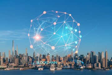 New York City skyline from New Jersey over Hudson River, Midtown Manhattan skyscrapers at sunset, USA. Decentralized economy. Blockchain, cryptography and cryptocurrency concept, hologram - obrazy, fototapety, plakaty