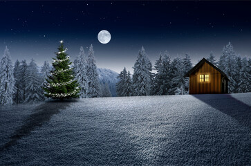 Weihnachtshütte mit leuchtendem Fenster in einer verschneiten Winterlandschaft