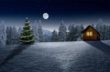 Foto op Aluminium Weihnachtshütte mit leuchtendem Fenster in einer verschneiten Winterlandschaft © by-studio