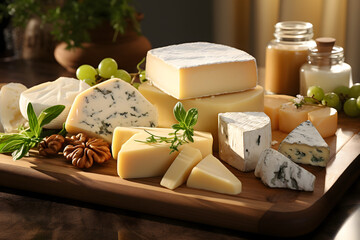 types of cheese on wooden board