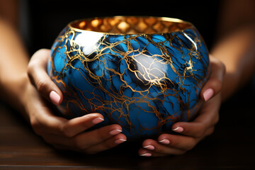 one hand holds a blue and white cracked porcelain bowl with gold repair made with AI