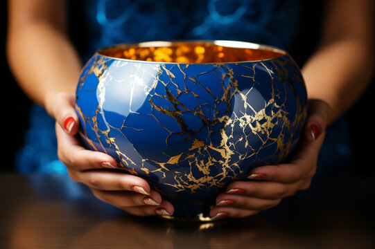 One Hand Holds A Blue And White Cracked Porcelain Bowl With Gold Repair Made With AI