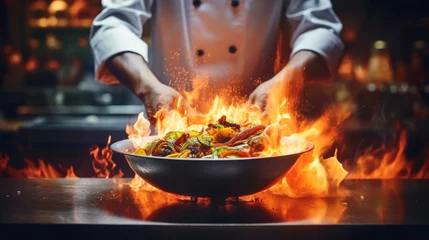 Foto auf Acrylglas Feuer Close-up Professional chef hands cook food with fire in kitchen at restaurant.