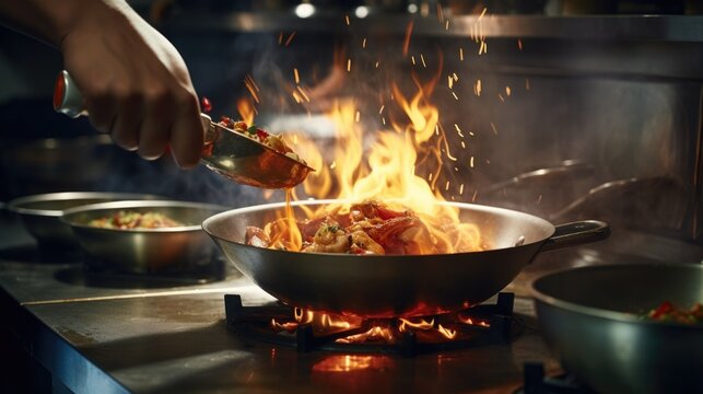 Close-up Professional chef hands cook food with fire in kitchen at restaurant.
