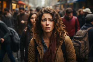 Fototapeta premium Panic attack in public place. Woman having panic disorder in city made with AI