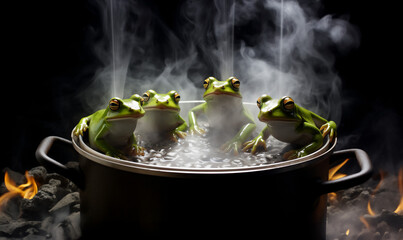 A group of calm frogs boiling in a pot with very hot water, emitting steam to represent inactivity and passivity in the face of challenging social and political situations. Dark background. - obrazy, fototapety, plakaty