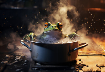 An enchanted frog prince from a fairy tale, being boiled in a pot or cauldron, submerged in water with smoke around. Metaphor of the passivity of a toad being cooked slowly - obrazy, fototapety, plakaty
