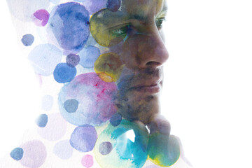 A colorful paintography portrait of a man and painted circles