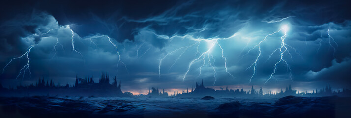 Lightning thunderstorm flash over the night sky. Concept on topic weather, cataclysms (hurricane, Typhoon, tornado, storm)