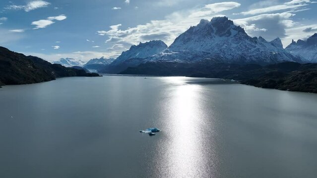 Grey Glacial At Torres Del Paine Punta Arenas Chile. Iceberg Torres Del Paine Punta Arenas. Outdoor High Angle View Patagonia Glacier. Outdoor Exterior Patagonia Snow Covered Panoramic.