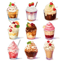 A professional digital art illustration hand painted style of Sundae clipart collection on transparent blackground generate by AI