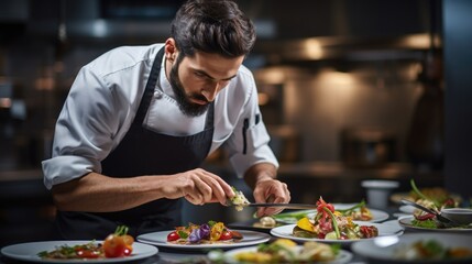 Male chef plating food in plate or preparing cooking food in kitchen at restaurant.