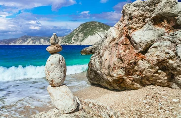 Poster Scenic beaches of beautiful Cephalonia (Kefalonia) island - Agia Eleni with picturesque rocks and stone's piramids. Greece , Ionian islands © Freesurf