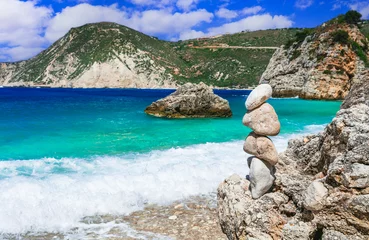 Poster Scenic beaches of beautiful Cephalonia (Kefalonia) island - Agia Eleni with picturesque rocks and stone's piramids. Greece , Ionian islands © Freesurf