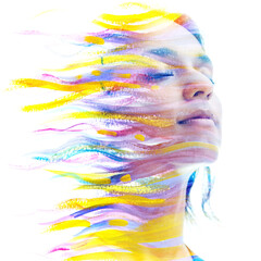 A colorful female paintography portrait disappearing into white background