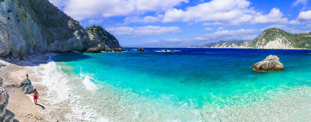best scenic beaches of beautiful Cephalonia (Kefalonia) island - Agia Eleni with picturesque rocks. Greece , Ionian islands