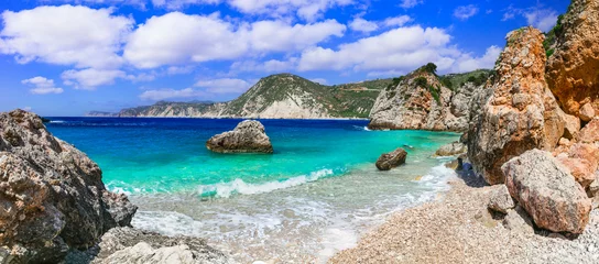 Poster Scenic best beaches of beautiful Cephalonia (Kefalonia) island - Agia Eleni with picturesque rocks. Greece , Ionian islands © Freesurf