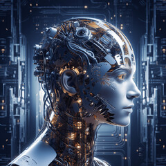 The generative AI creates a stunning illustration young female cyborg,intricately detailed with visible mechanisms and wires within her head,set against a futuristic digital.Generative Ai illustration