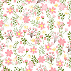 Sweet flower and leaves background .Flower seamless pattern.sweet floral pattern.Flower background design for fabric, clothing, cover book, kids.Floral season pattern design.