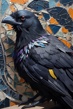  Mosaik raven, art, Crow painting. Desolation, mixed media. black bird.