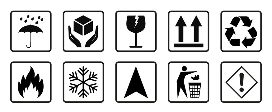 Packaging and warning symbols set, fragile cargo icons, fragile package warning signs umbrella, box in hands, glass, side up box, logistics delivery shipping special labels - vector