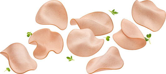 Falling sausage thin slices isolated