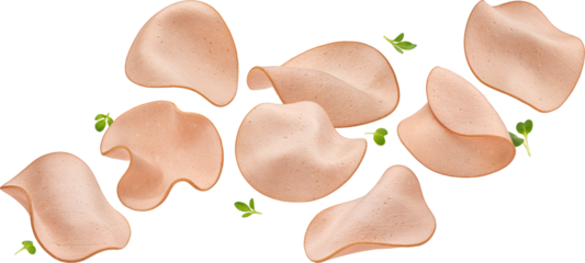 Falling sausage thin slices isolated