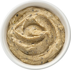 Champignon dip, bowl of mushroom pate isolated, top view