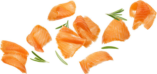Falling salmon slices isolated