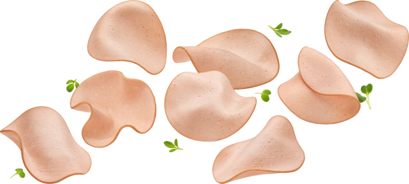 Falling sausage thin slices isolated