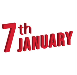 7th january ,  Daily calendar time and date schedule symbol. Modern design, 3d rendering. White background. 