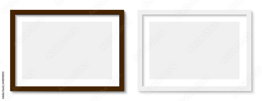 Poster Couple picture photo frames mockup, wall presentation, black and white thin rectangular horizontal frame with shadow, two horizontal blank frame border mockup - stock vector
