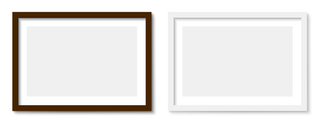 Couple picture photo frames mockup, wall presentation, black and white thin rectangular horizontal frame with shadow, two horizontal blank frame border mockup - stock vector