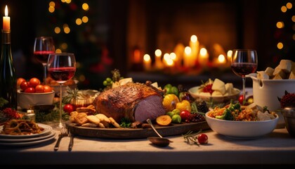 Photo of a Thanksgiving feast featuring a beautifully decorated turkey surrounded by an abundance of fresh fruits and vegetables
