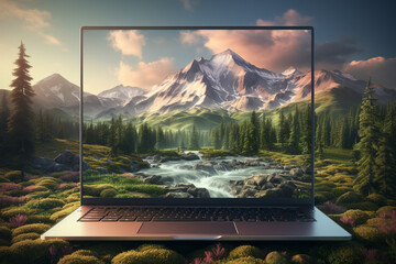 Laptop with an image of a mountain scene in the forest, in the middle of nature made with AI
