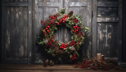 Fototapeta na wymiar Photo of a festive Christmas wreath with vibrant red berries and rustic pine cones