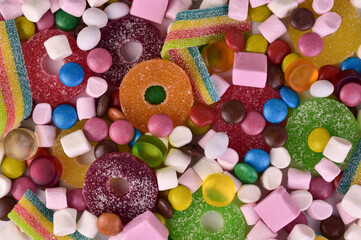Background from many colorful candies.Flet lei.