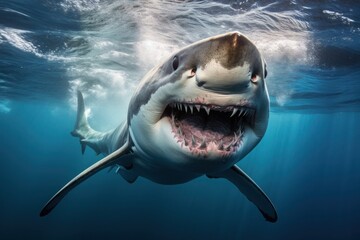 Close-up of a scary big shark swimming with other fish in the ocean sunlight