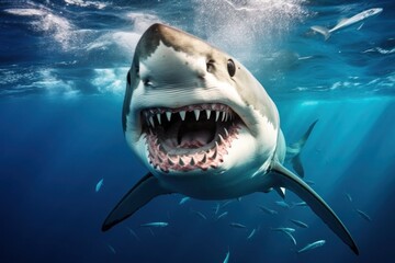 Close-up of a scary big shark swimming with other fish in the ocean sunlight