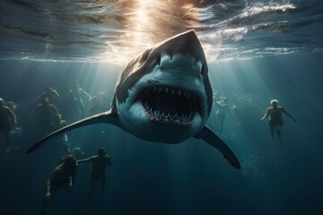 Several apnea divers marvel at a huge shark beneath the surface of the water.