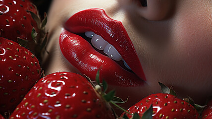 Lips surrounded by fresh strawberries, strawberry colored lipstick, lipstick advertising photo, cosmetics shot, beauty industry - obrazy, fototapety, plakaty