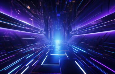 Abstract futuristic tunnel with glowing lines and lights. 3d rendering