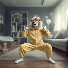 Handsome Lion king doing strong muscle exercises. Creative abstract idea with animal as a man. Indoor scene.