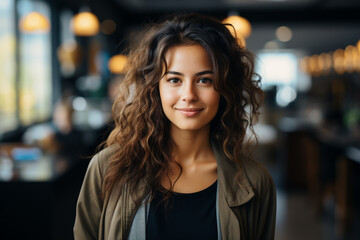 Casual portrait of a designer in her office standing by her desk made with AI