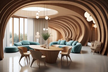 Interior of modern cafe with wooden walls, concrete floor, blue armchairs and round tables with beige sofas. 3d rendering